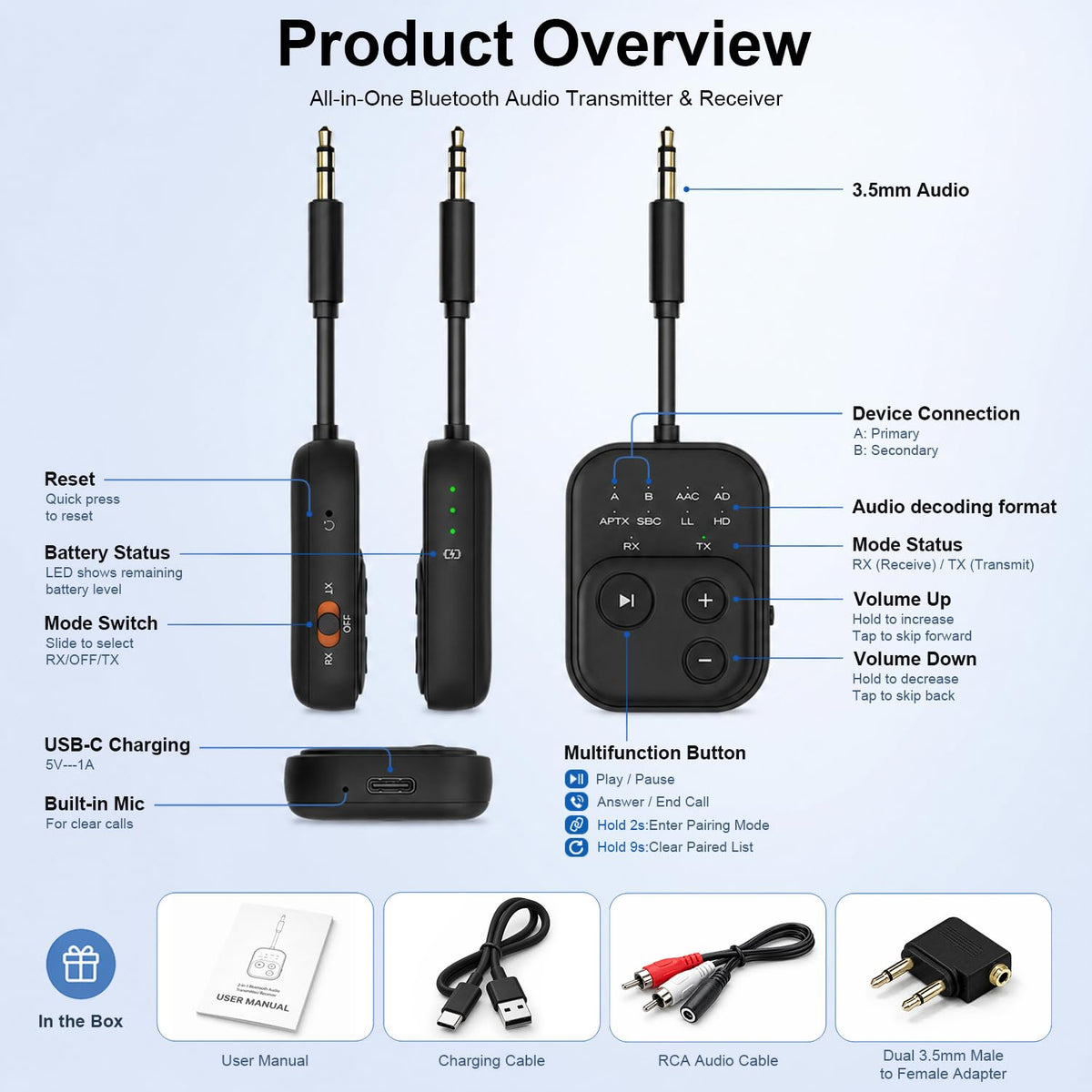 Bluetooth 6.0 Audio Transmitter Receiver