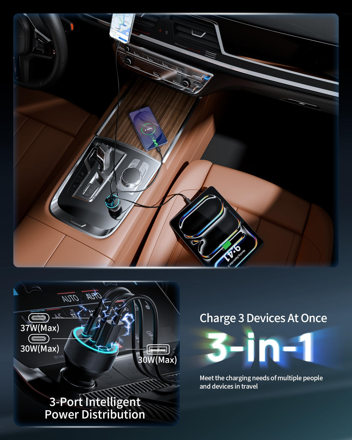 67W 3-Port USB-C Car Charger