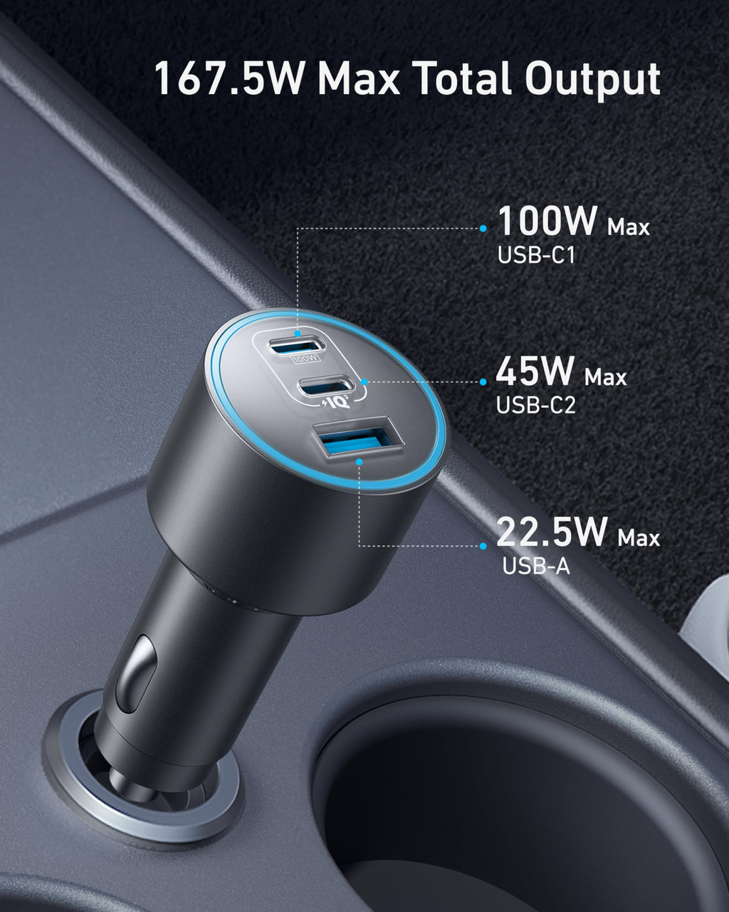 167.5W 3-Port USB-C Car Charger